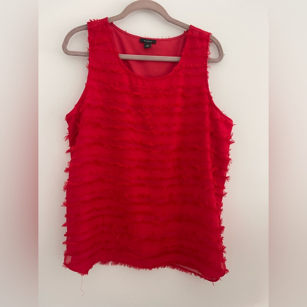 Halogen Red Eyelash Fringe Chiffon Sleeveless Top Blouse Size Large Valentine’s - Picture 2 of 6